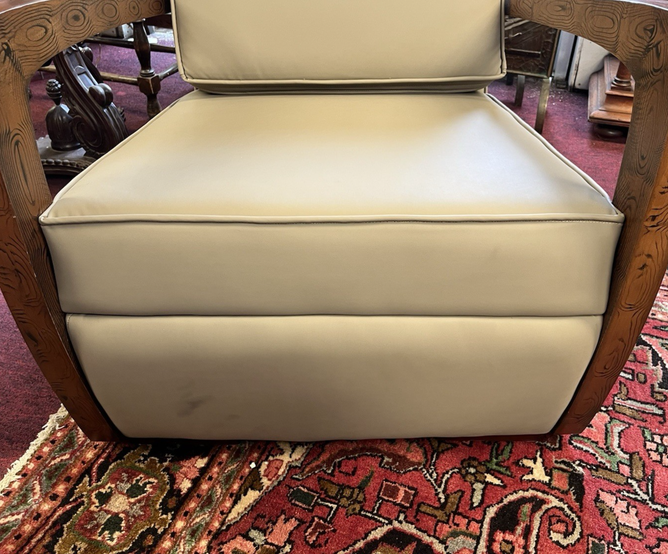 PAIR OF ART DECO STYLE UPHOLSTERED ARMCHAIRS & OTTOMANS