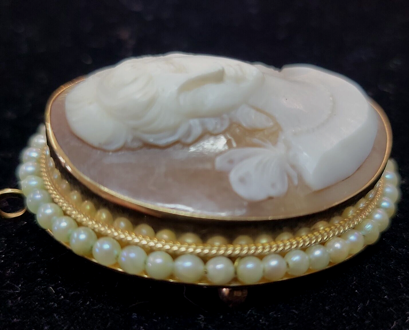 Victorian Shell Cameo Pendant Brooch 14K seed Pearls Full Face 1800's