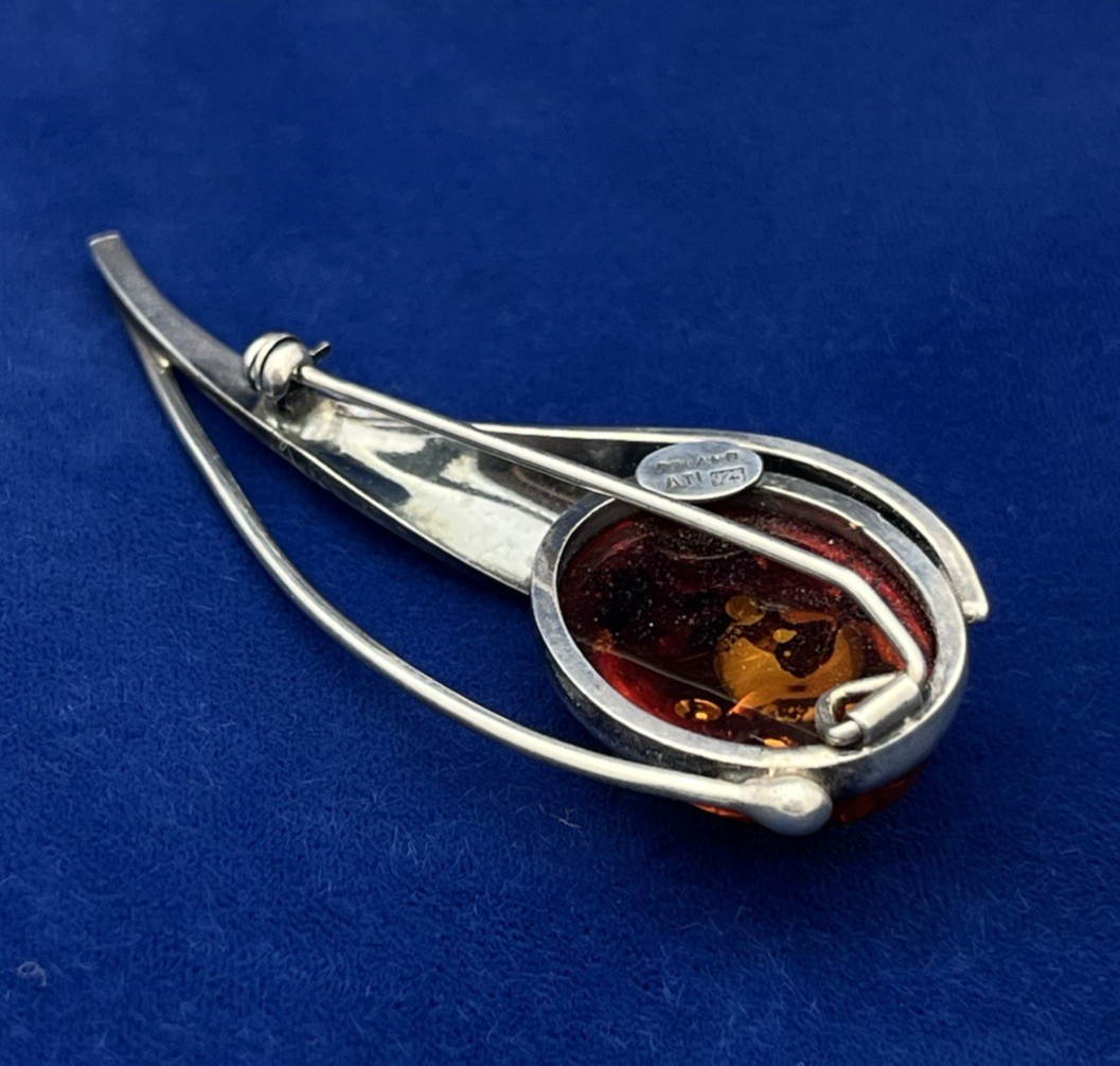 Vintage Polish Amber Sterling Silver (.925) Abstract Flower Brooch Pin 11.3g