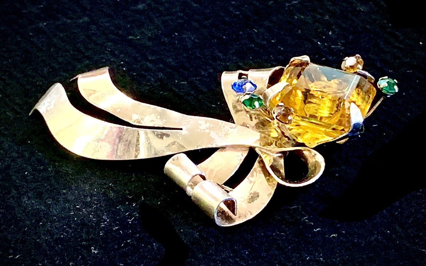 Large 1940's Floral Sterling Pin Brooch w. Large Glass Topaz Stone and more