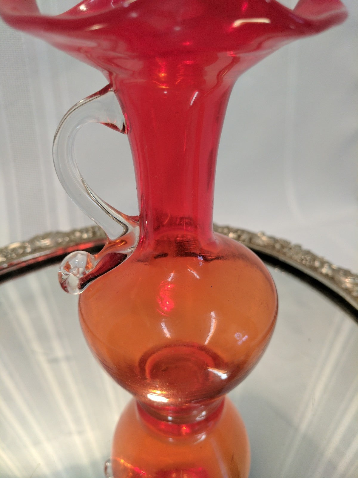 Vintage Hand Blown Art Glass Tangerine/ Amberina Pitcher w Handle Ruffled Top