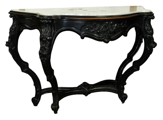 Antique French Louis XV Ebonized Bowfront Console Table w/ White Marble Top