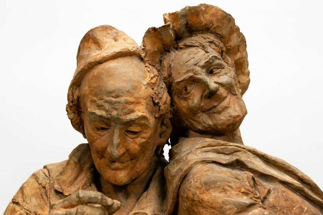FRENCH TERRACOTTA SCULPTURE OLD HAPPY COUPLE W/ PIPE BUST FIGURES
