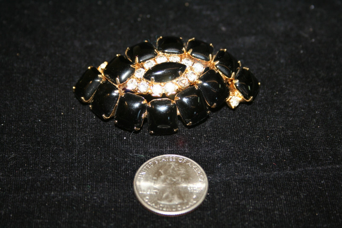 Vintage 3-D Onyx Black & Rhinestone Large Pin Brooch  2.5" x 1.5"