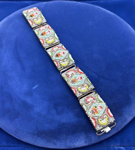 Vintage Old Italian Micro Mosaic Colorful Floral Glass 5-Panel 7.5” Bracelet