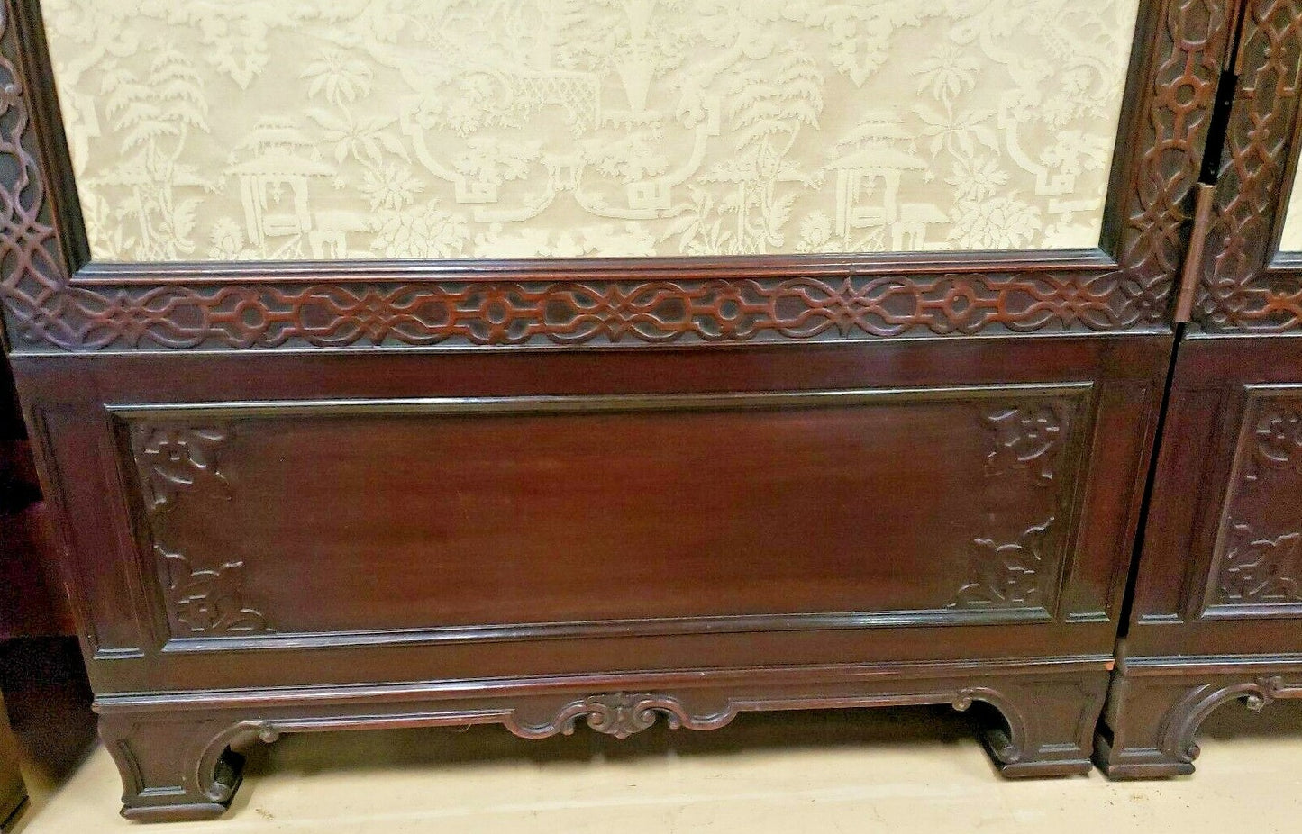 3 Panel Antique Chinese  Floor Screen H 88" x W 72"  Fine Carved Dragons Pagoda