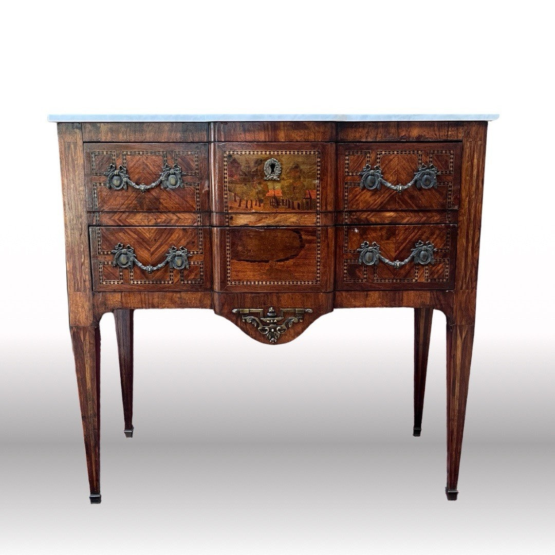 ANTIQUE FRENCH LOUIS XVI MARBLE-TOP INLAID BREAKFRONT COMMODE CHEST