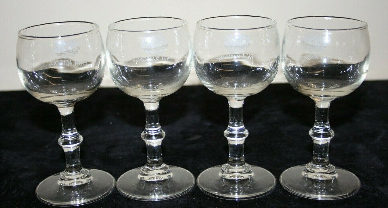 Set of 4 Original Box Paul Masson Rare Cream Sherry Glasses Engraved H 5" 2-3 oz