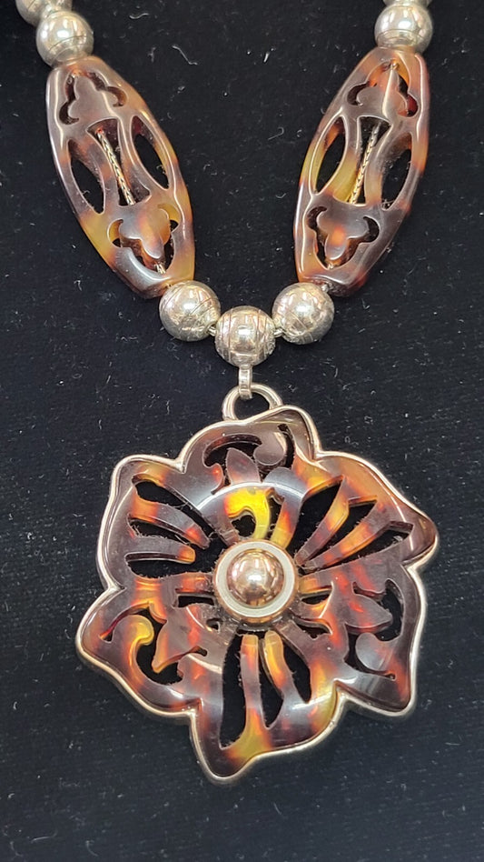 BRIGHTON Faux Tortoise & Silver Tone Beads Necklace Flower Pendant