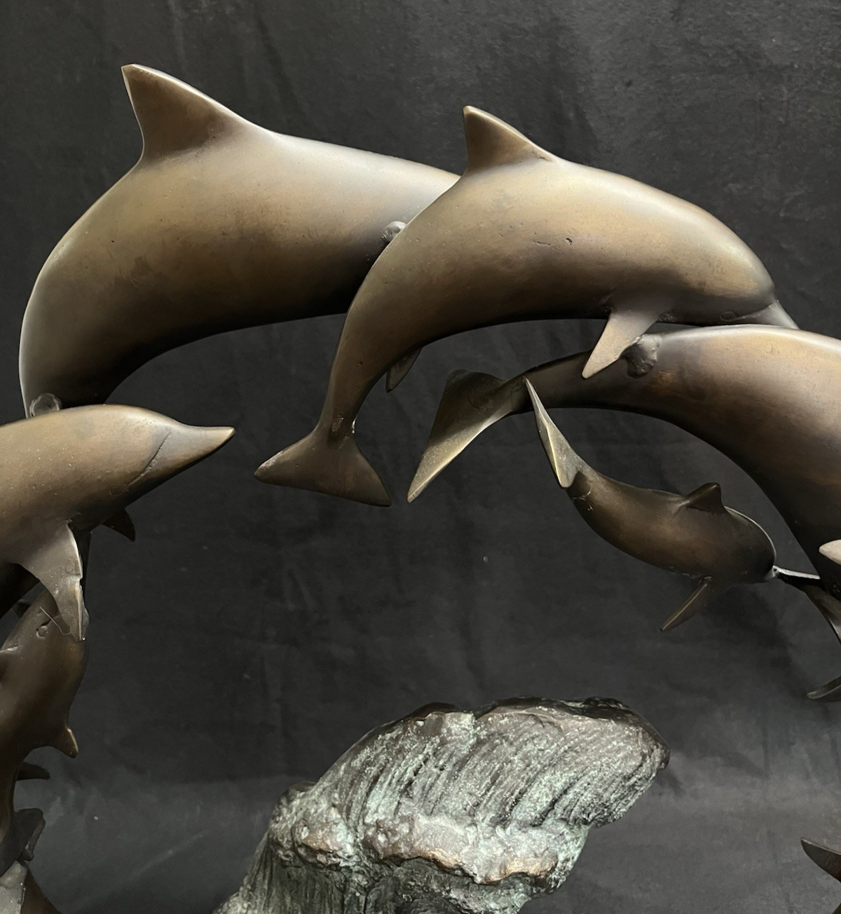 PB6 Bronze School of Dolphins Ocean Scene Statue w/ Wood Base 19"x 23"