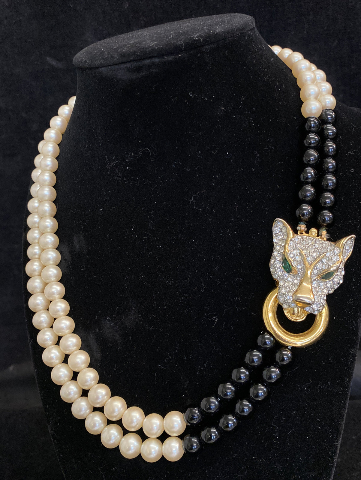 Vintage High End Black Panther Enamel Rhinestone Glass Faux Pearl Necklace