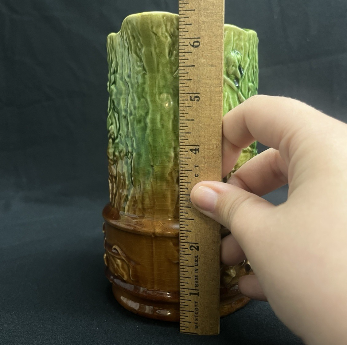 Antique Majolica Oak Leaf & Acorn Green Into Brown Glazed Pitcher 6.5"