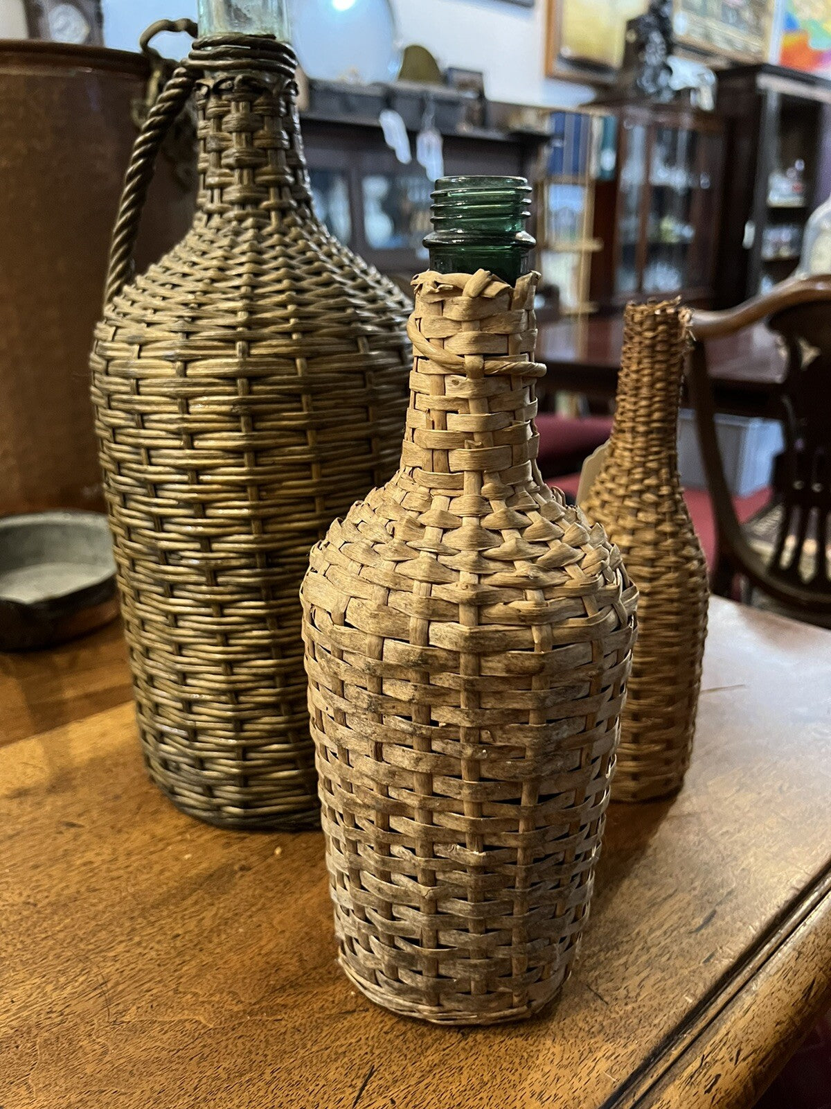 FRENCH ANTIQUE DEMIJOHN WICKER BOTTLE 11", GREEN GLASS, MADE IN FRANCE