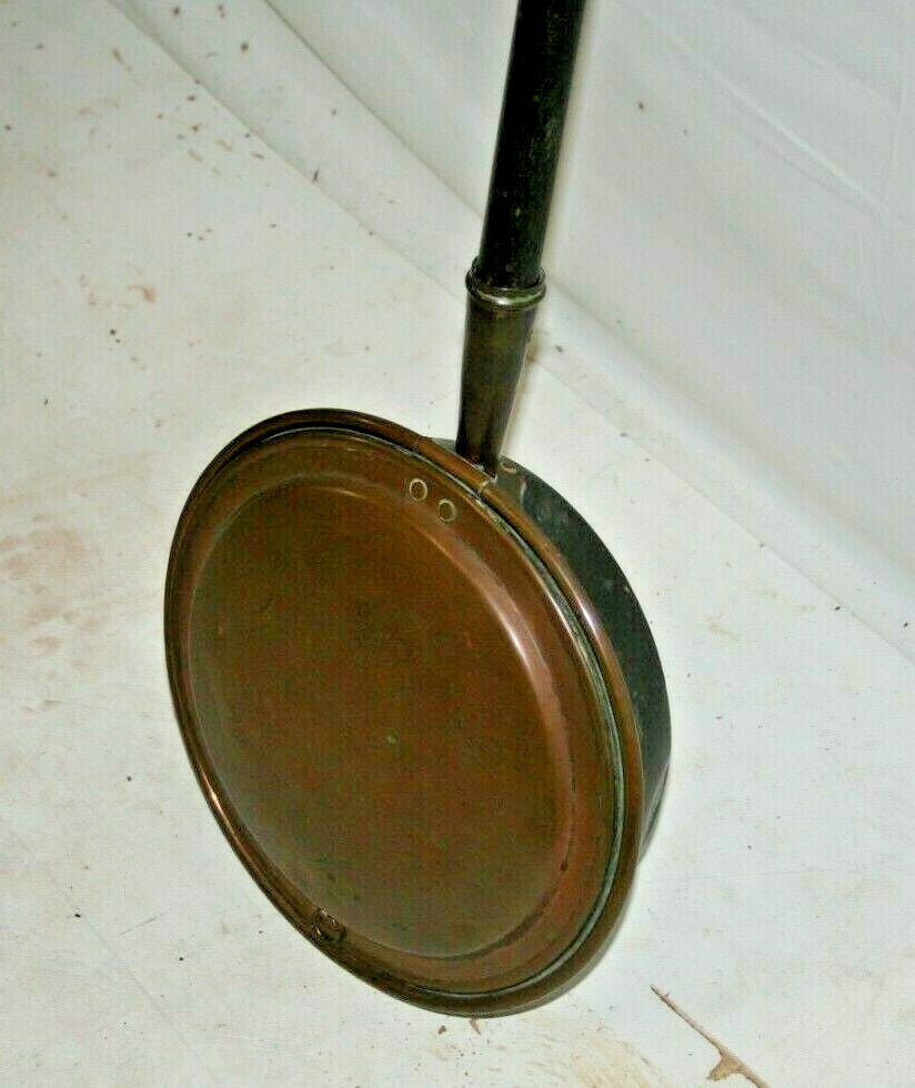 Antique French Copper Bed Warmer Handmade 200 years ago Etched Lid 41" Handle