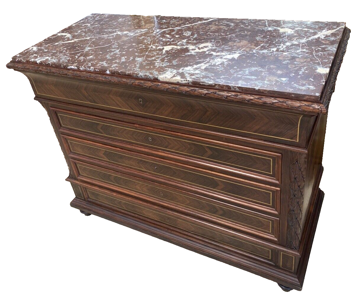 FRENCH MARBLE-TOP ROSEWOOD COMMODE SECRETAIRE CHEST OF DRAWERS