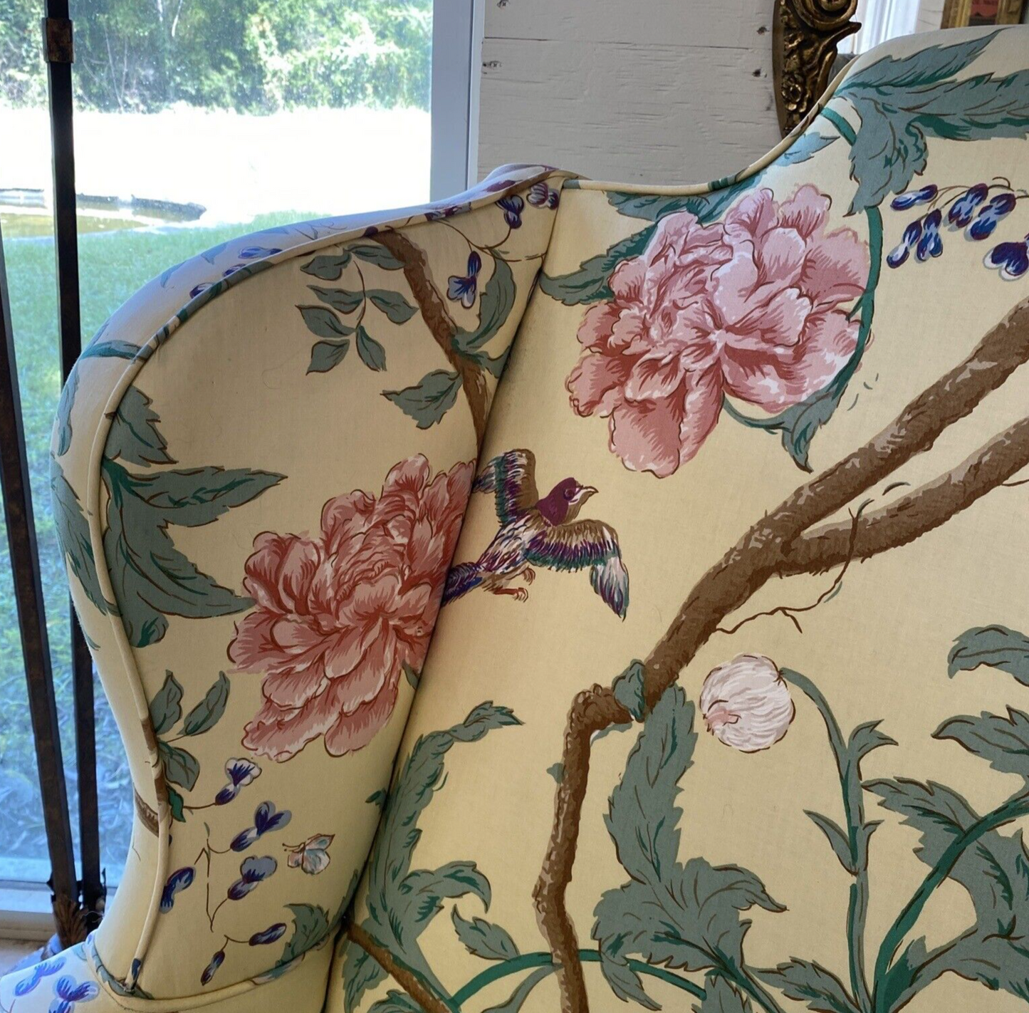 Antique Yellow Floral Queen Anne Mahogany Sofa Couch Settee Loveseat