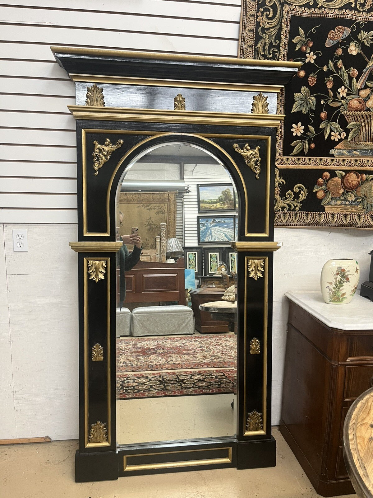 Tall Black & Gold Napoleon III Style Pier Mirror 79.5” Tall FS9