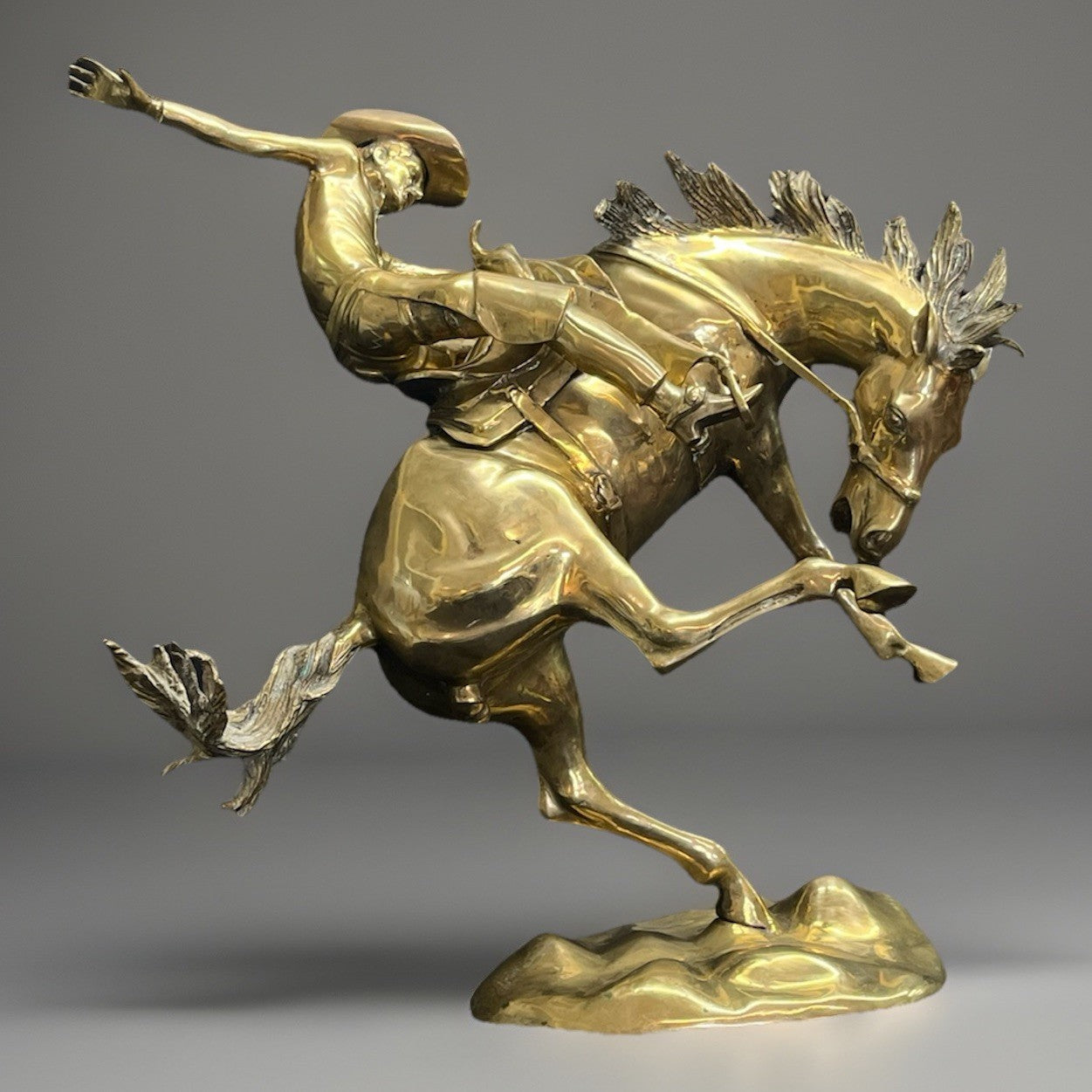 Polished Brass Wild Bucking Bronco w/ Removable Cowboy Rider Sculpture 21"
