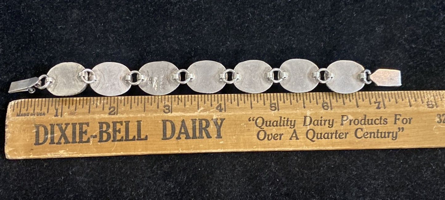 Mexican Sterling 7 Oval Links Gemstone Bracelet 7.5"  turqouise, coral 44.8g