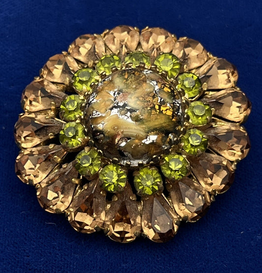 AUSTRIA Amazing  Rhinestone Vintage Dome Pin Topaz and Lime Green