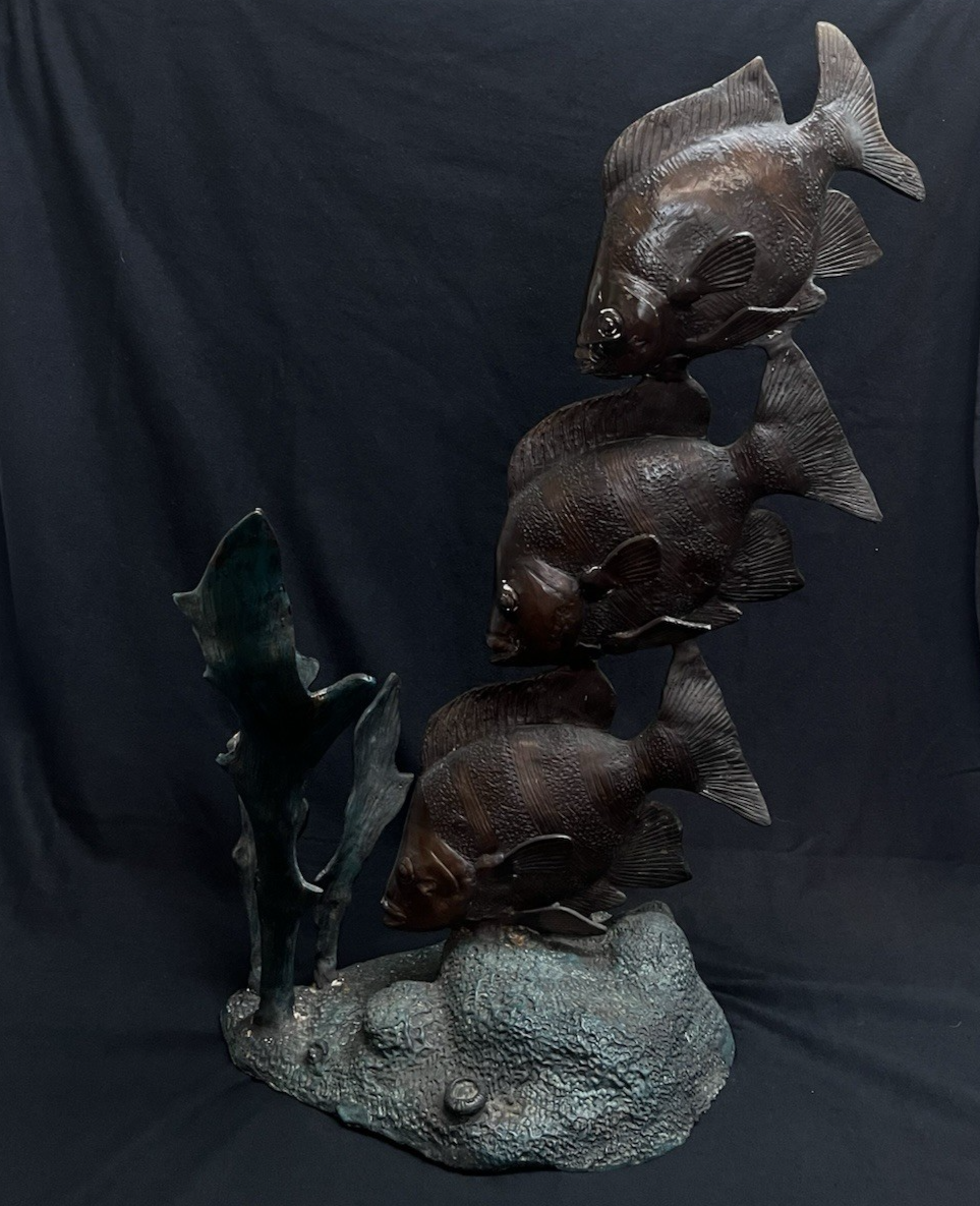 PB14 Bronze Green and Brown Three Angel Fish w/ Seaweed Sculpture/Statue 26.75"