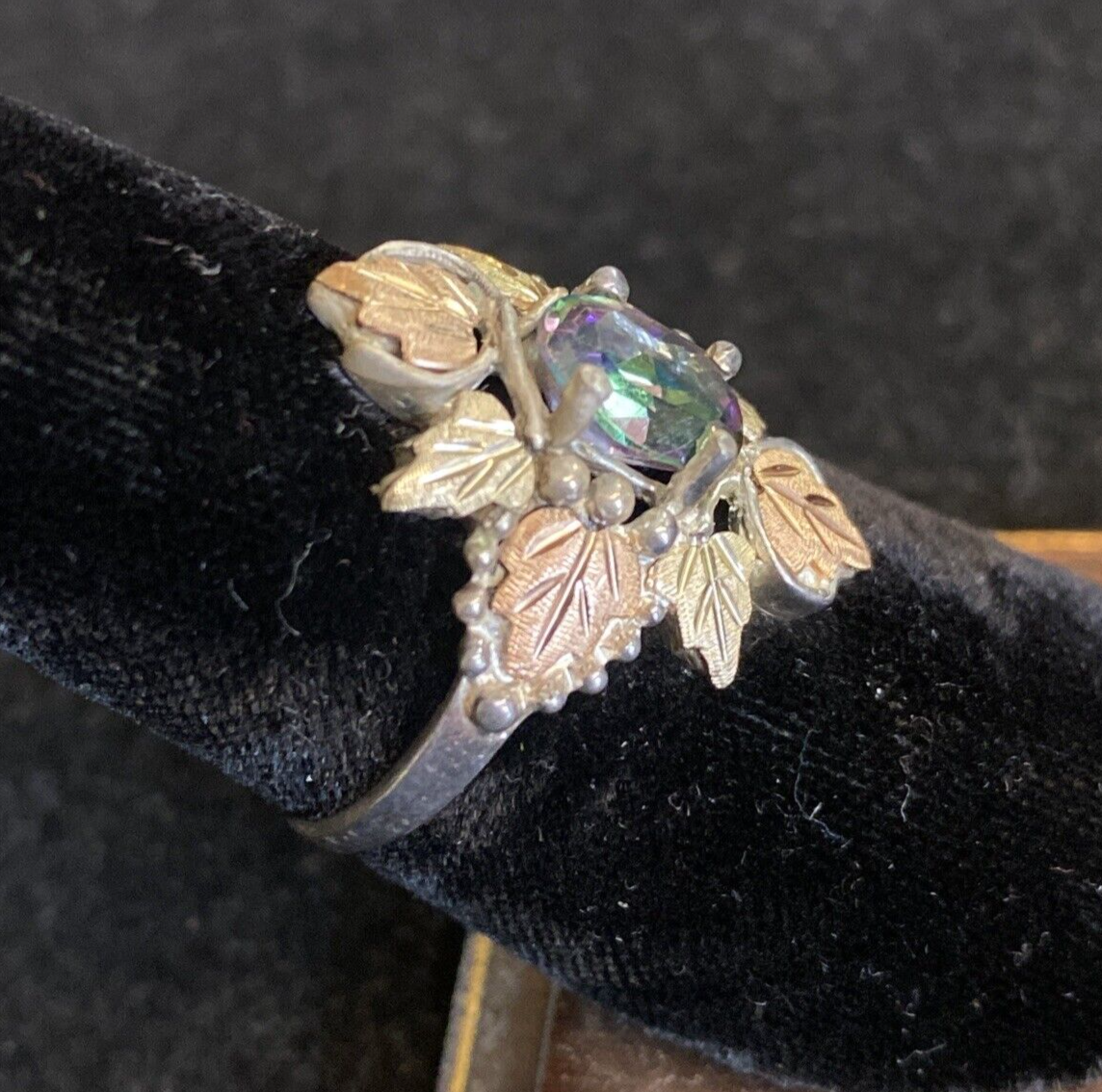 Sterling Silver 925  & Rose Gold Mystic Topaz Stone Leaf Ring Sz6.75 JM13