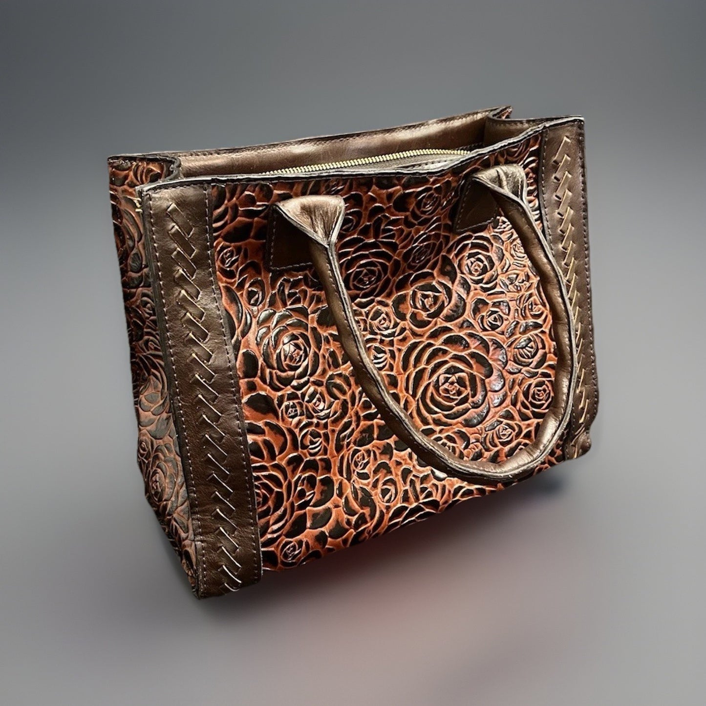 Patricia Nash Tooled Leather Brown Floral Tote Bag w/ Adjustable Strap 11.5"