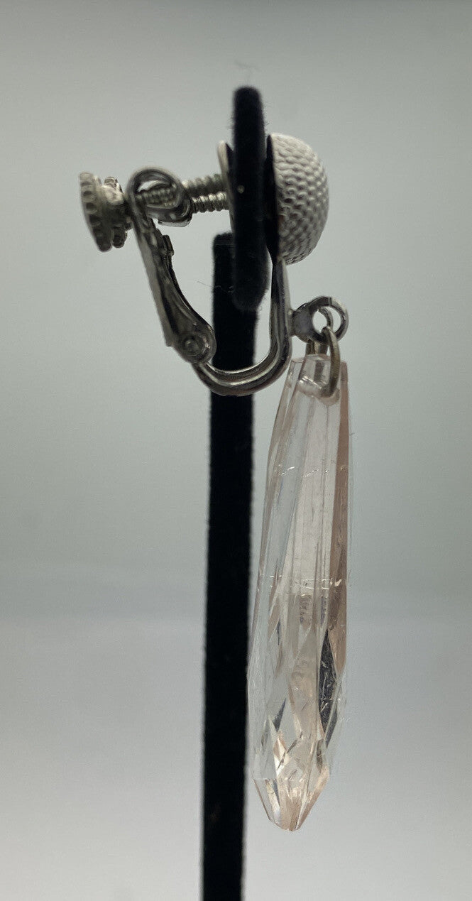 Carol Dauplaise Silver Button Crystal Dangle Screw back Earrings Vintage