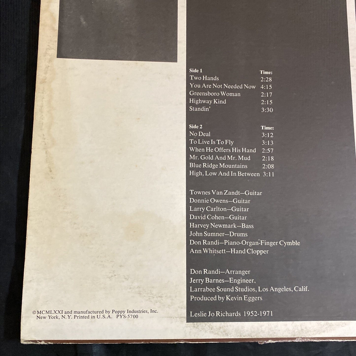 RARE! PROMO TOWNES VAN ZANDT High Low and In Between Terre Haute Poppy PYS-5700