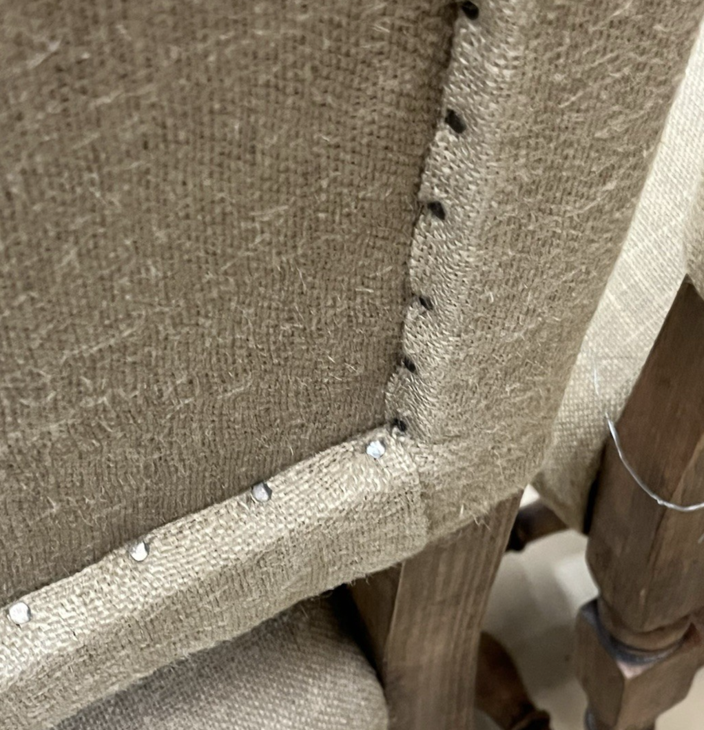 PAIR OF RESTORATION HARDWARE '1890 ENGLISH BAROQUE' BURLAP HIGHBACK CHAIRS