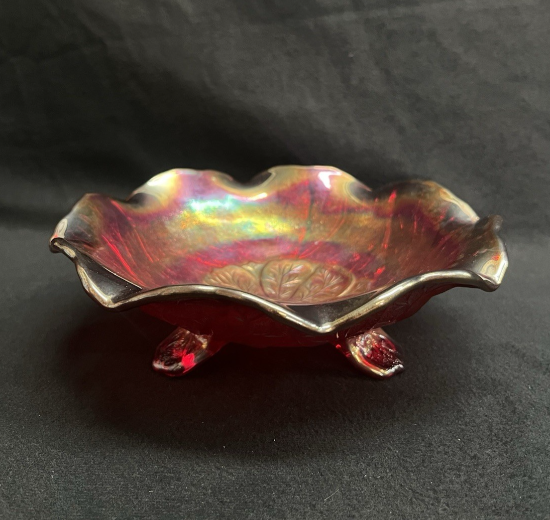 Vintage Imperial Glass OH Carnival Everglade Sunset Ruby 3-Toed Crimped Bowl 7"