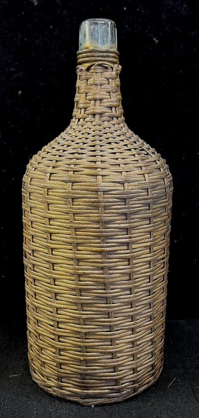 French Glass Woven Wicker Demijohn Bottle Rustic Farmhouse  Wickerware Antique
