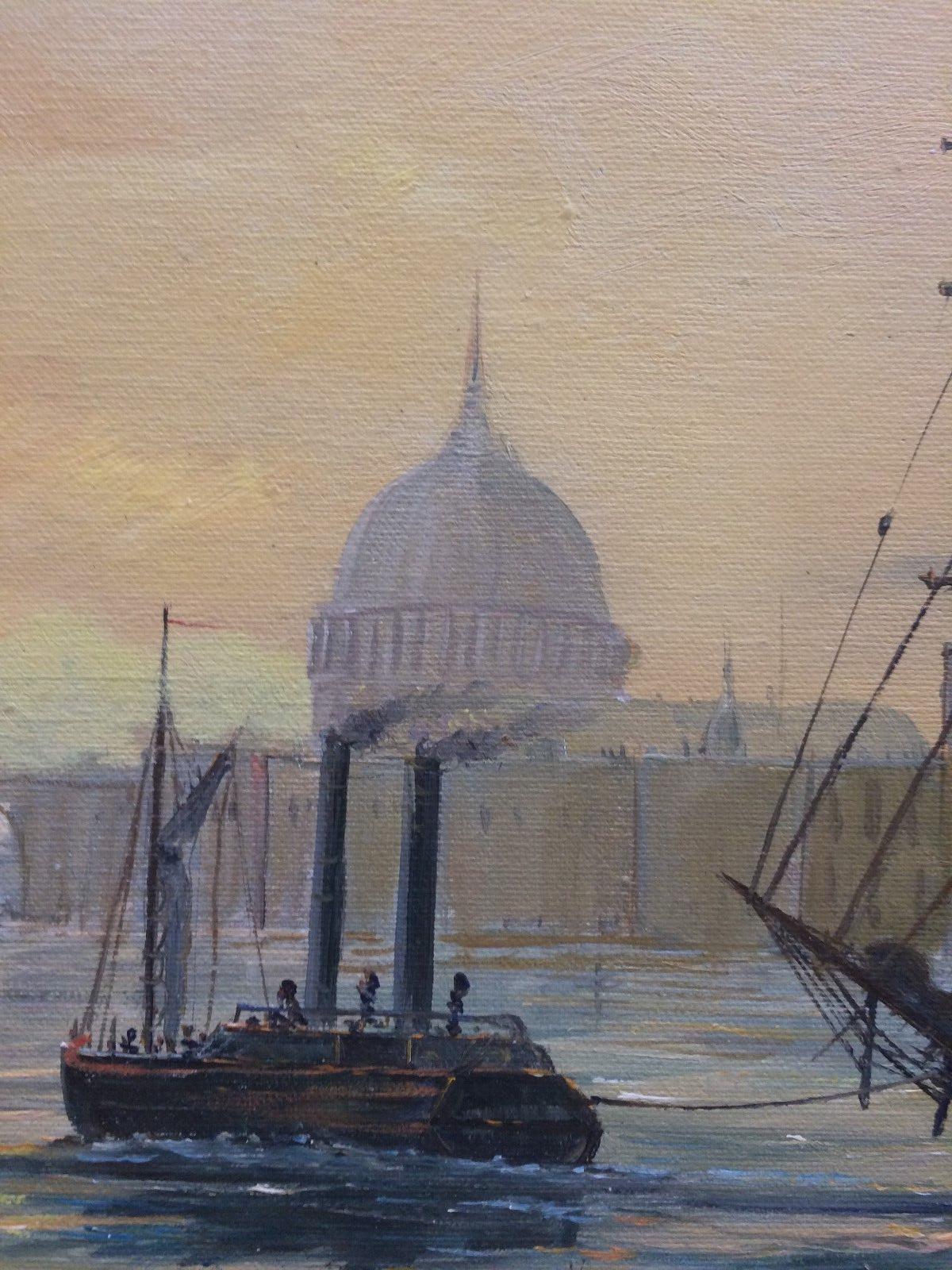 Vtg Oil Painting on Canvas Boats Ships in Harbor Signed Continental  W27" x  23"