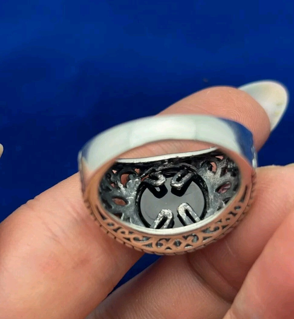 Sterling Silver 925 Black Onyx Geometric Pattern Ring Sz 8 8.2g     Thailand