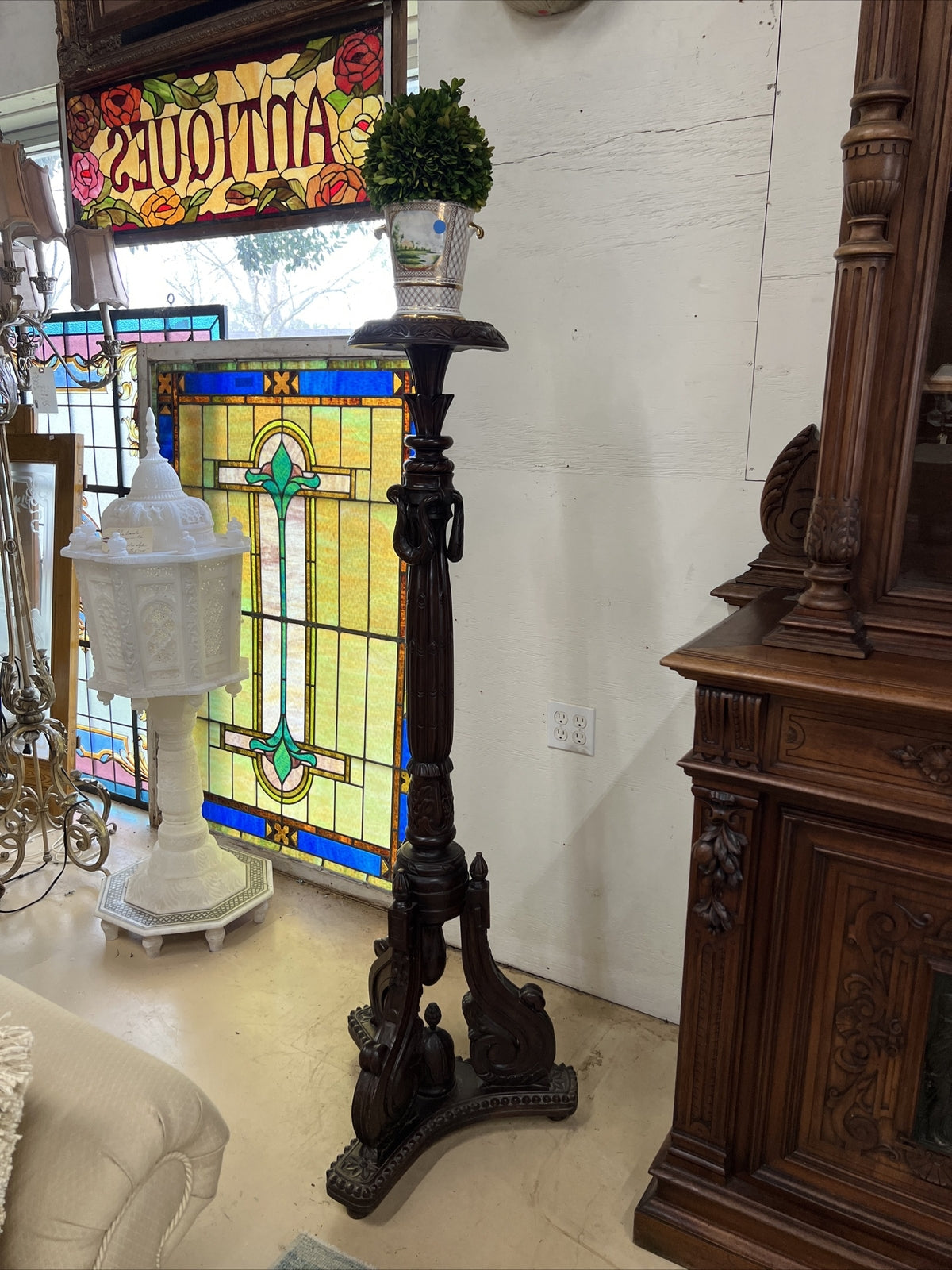 Pair of Classical Carved Mahogany Pedestal Plant Stands H 5 ft Scroll Base