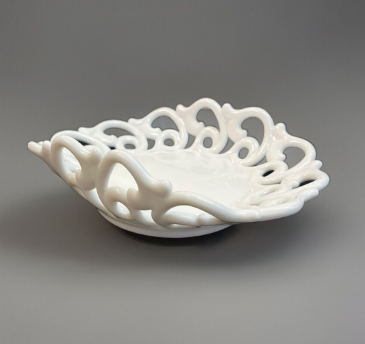 Vintage Fostoria  Monroe Milk Glass Fruit Bowl Open Lace Plate 10 3/4"