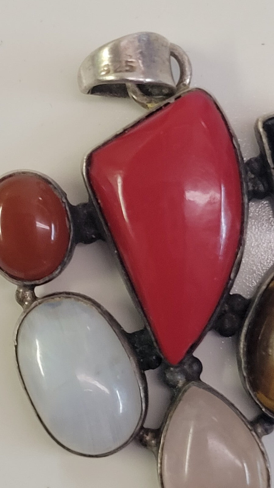 Sterling Silver Pendant with natural stones-cat eye, onyx, red jasper, abalone,
