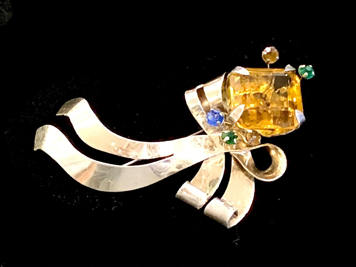 Large 1940's Floral Sterling Pin Brooch w. Large Glass Topaz Stone and more