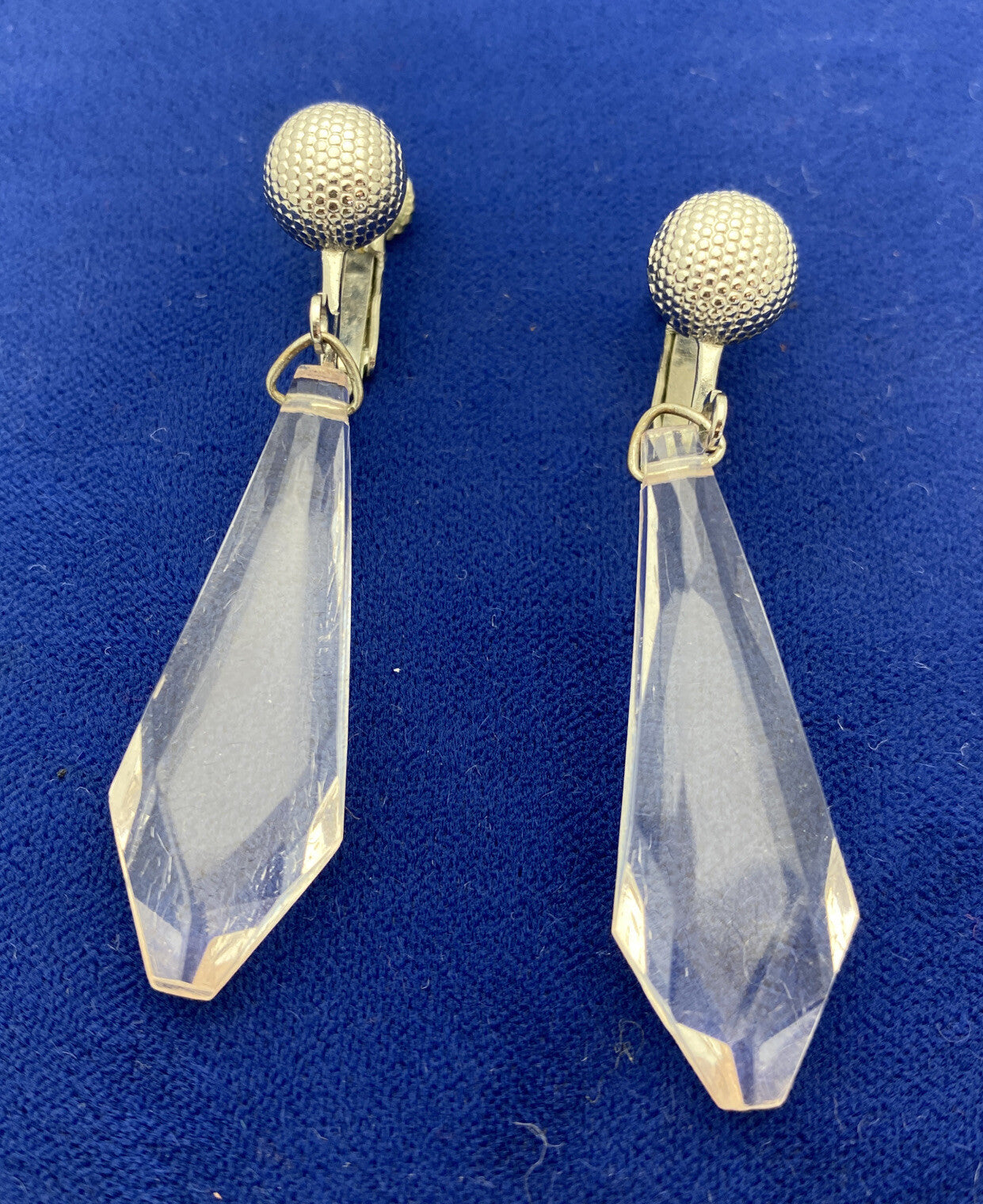 Carol Dauplaise Silver Button Crystal Dangle Screw back Earrings Vintage