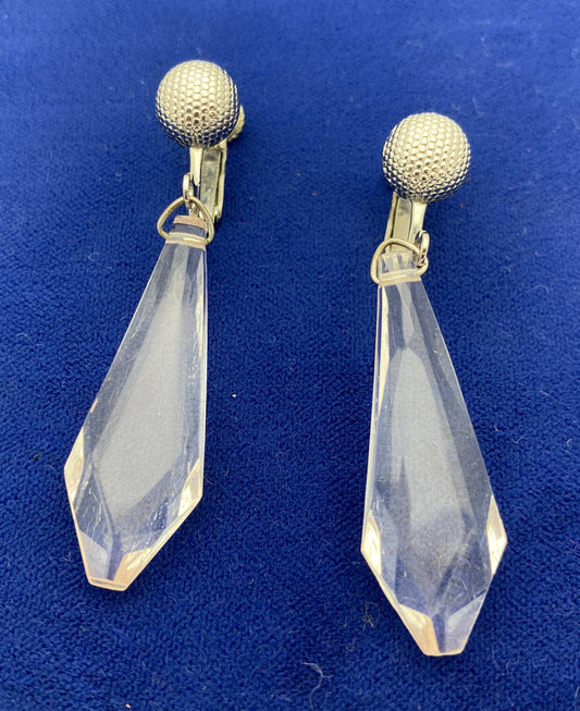 Carol Dauplaise Silver Button Crystal Dangle Screw back Earrings Vintage