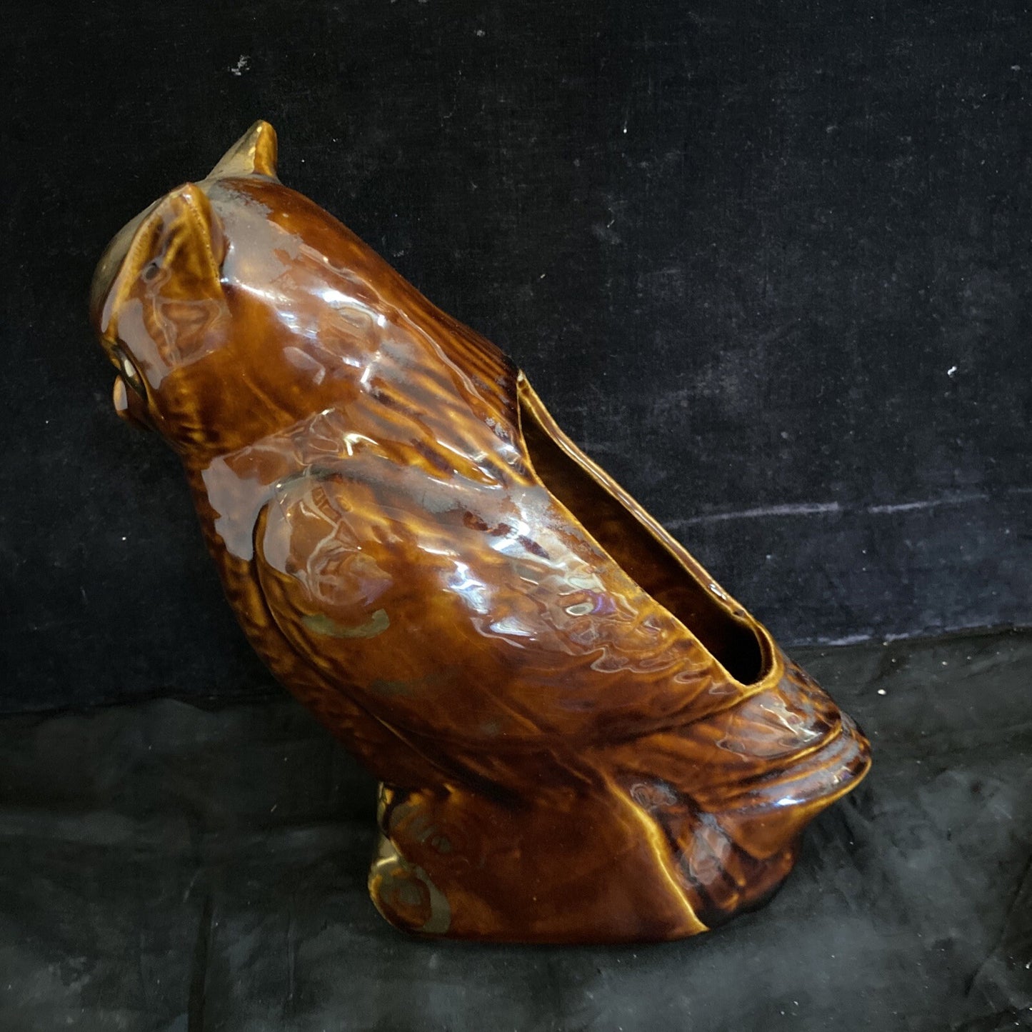 VTG Ceramic Brown & Gold Tone Owl Planter