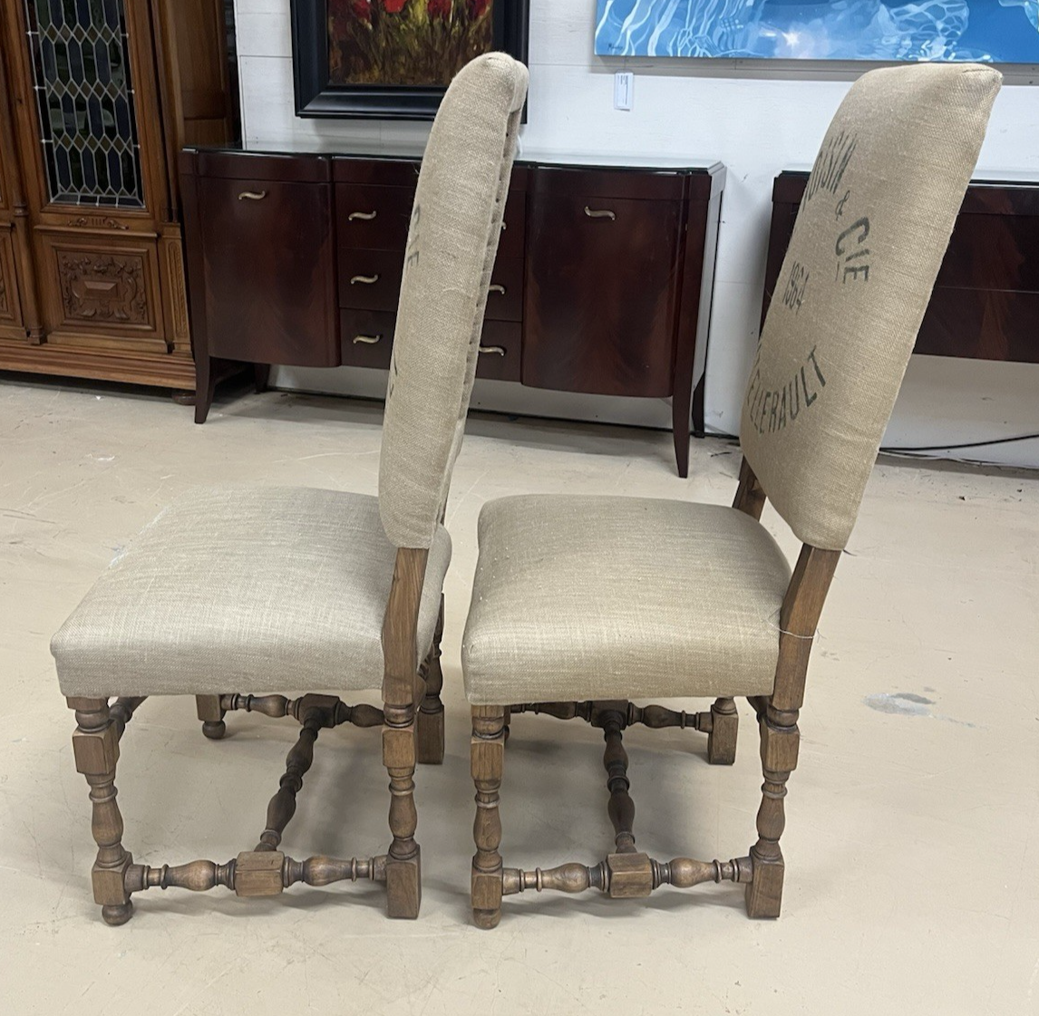 PAIR OF RESTORATION HARDWARE '1890 ENGLISH BAROQUE' BURLAP HIGHBACK CHAIRS