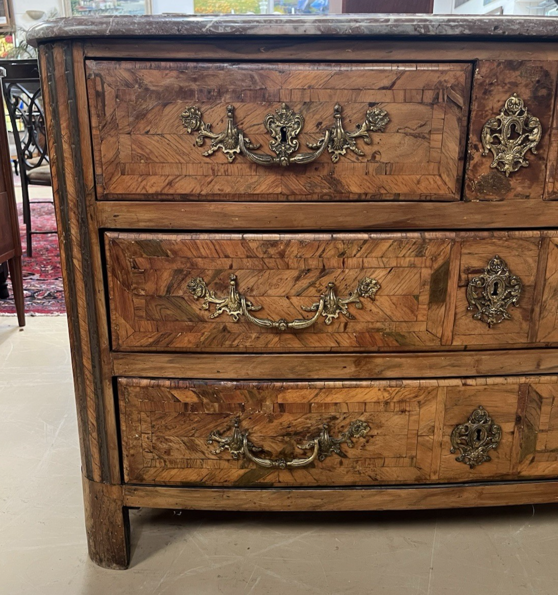 ANTIQUE FRENCH LOUIS XIV MARBLE-TOP BURLED WOOD COMMODE CHEST OF DRAWERS 19th C