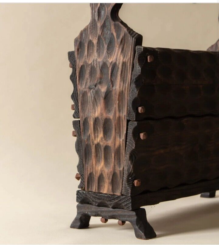 Spanish Brutalist Carved Wood Magazine Rack Vintage Farmhouse Lodge Rustic