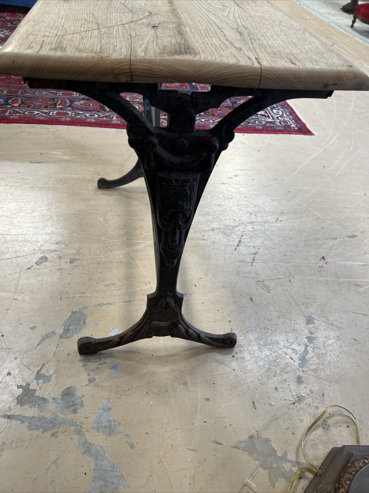 Antique French Art Deco bistro table w/ cast iron base natural white oak top