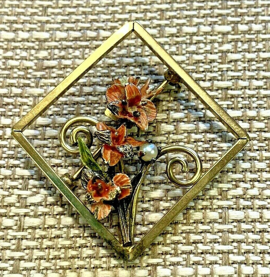 Vintage Dixelle Dainty 12k GF Sterling Trim  Sq Brooch Pin Pearl Enamel Flowers