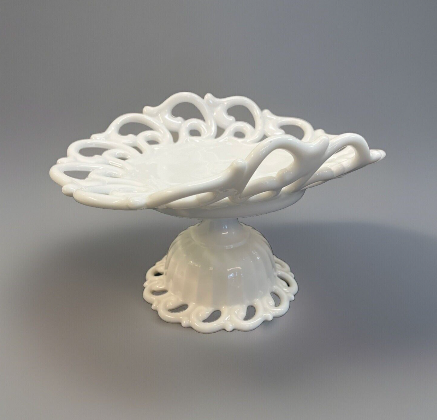 Fostoria Monroe Milk Glass Pedestal Lace Oblong Fruit / Banana Bowl