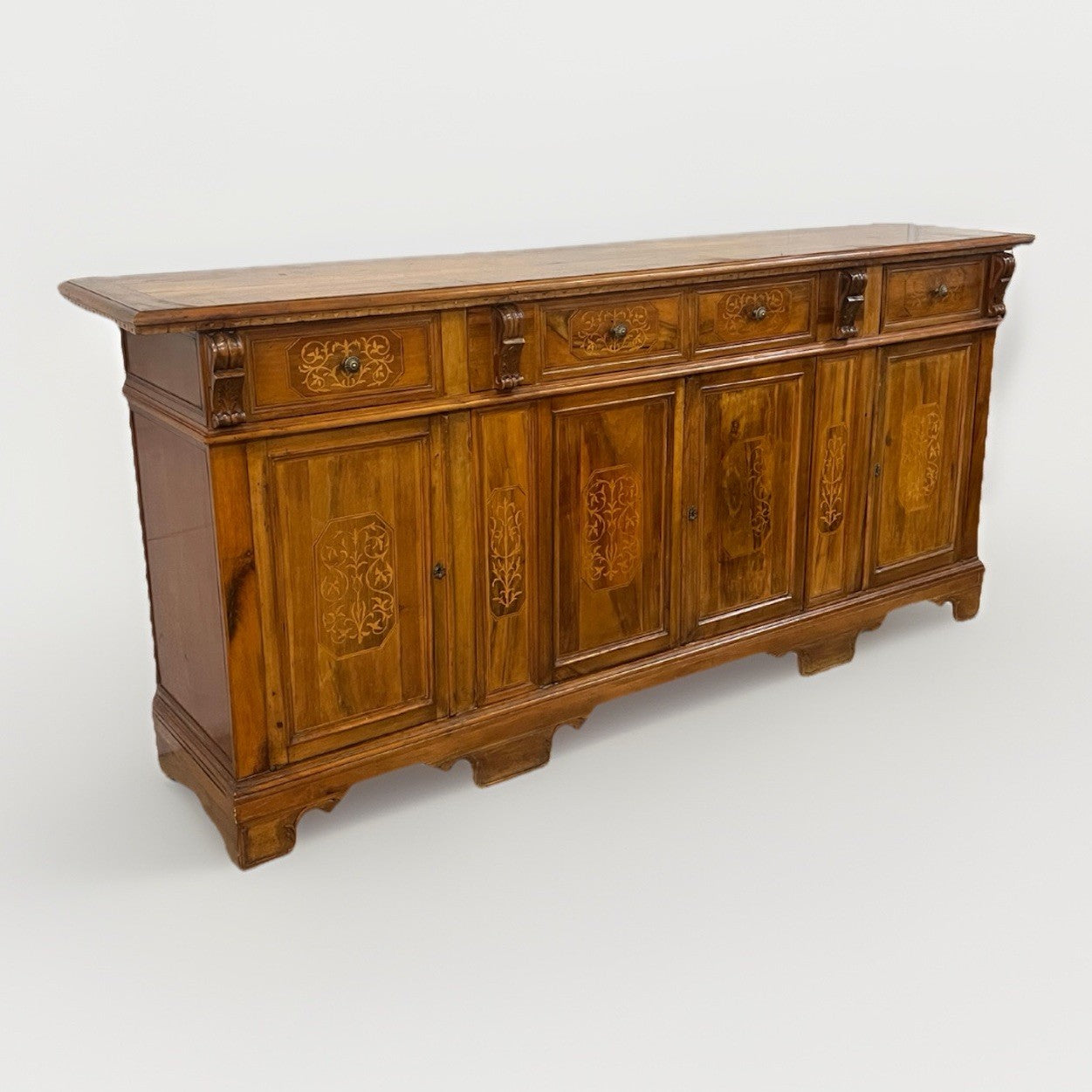 LARGE ITALIAN BURLED WALNUT & MARQUETRY SIDEBOARD, 94"L
