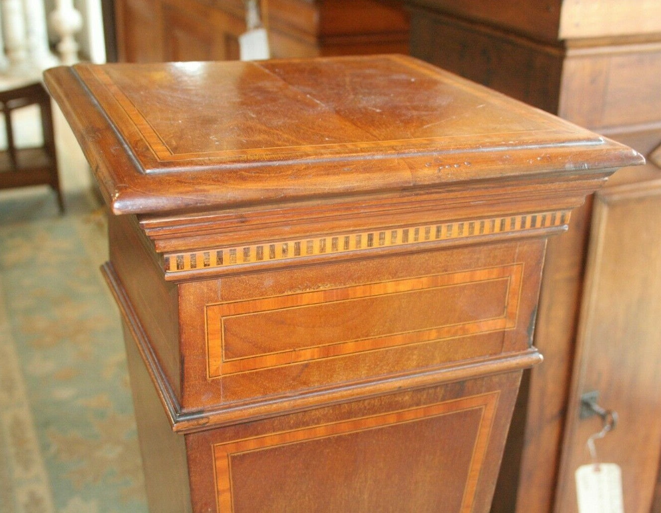 Antique Walnut French Pedestal Display Inlaid H 47" x 13.5" Square Top