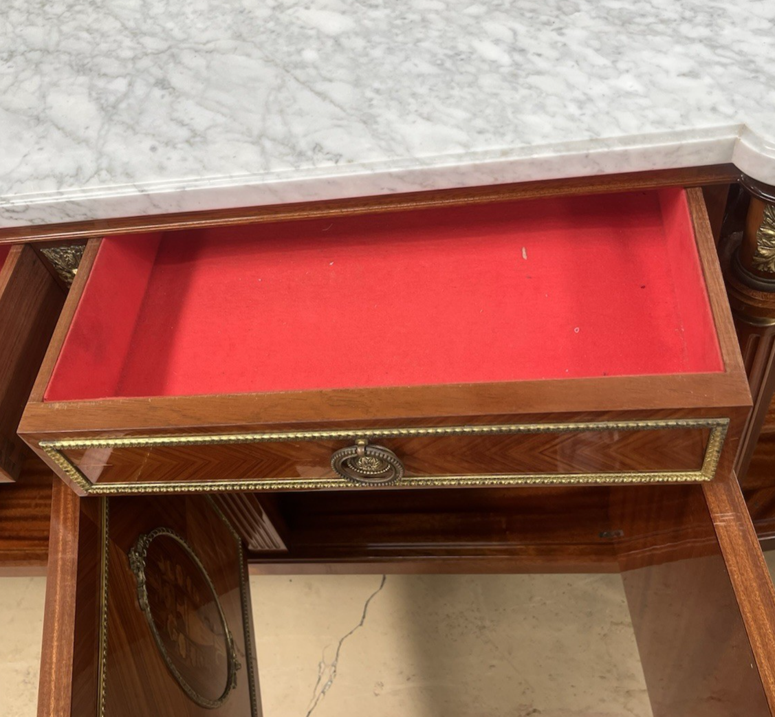 FRENCH LOUIS XVI MARBLE-TOP LACQUERED MARQUETRY DEMILUNE ENFILADE SIDEBOARD 105"